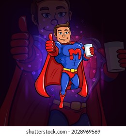 The superhero is with a glass of milk for esport logo design of illustration