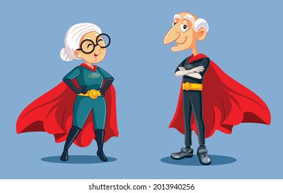 Superhero Grandma and Grandpa Standing Together Vector Cartoon. Strong active grandpa and grandma wearing red cloak and superhero costumes
