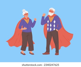 Superhero grandparents couple standing in red cloaks. Strong brave grandpa and grandma wearing having super power, flat cartoon vector illustration isolated on background.