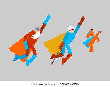 Superhero grandparents and dog. Super grandparent in Cloak and mask. Superpowers old man. Grandfather and grandmother Cartoon style vector