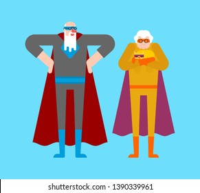 Abuelos y perro superhéroes. Super abuelo en Cloak y máscara. Superpotencia al anciano. Abuelo y abuela vector estilo caricatura