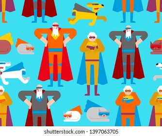 Superhero grandparents and pet pattern seamless. Super grandparent in Cloak and mask. Superpowers cat and dog background. Grandfather and grandmother Cartoon style vector jrnament