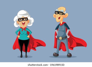 Superhero Grandparents Vector Cartoon Illustration. Strong active grandpa and grandma wearing red cloak and super hero costumes
