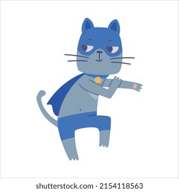 Superhero Grey Cat Wearing Blue Mask and Cape Having Super Power Vector Illustration