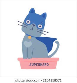 Superhero Grey Cat Wearing Blue Mask and Cape Having Super Power Sitting in Litter Box Vector Illustration