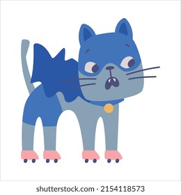 Superhero Grey Cat Wearing Blue Mask and Cape Having Super Power Riding Roller Skates Vector Illustration