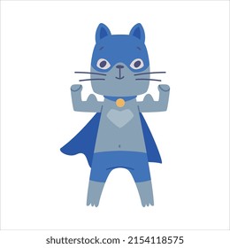 Superhero Grey Cat Wearing Blue Mask and Cape Having Super Power Vector Illustration