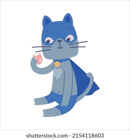 Superhero Grey Cat Wearing Blue Mask and Cape Having Super Power Vector Illustration