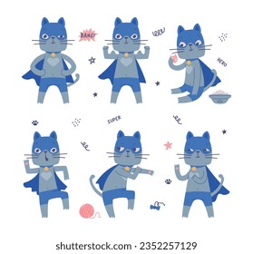 Superhero Grey Cat Wearing Blue Mask and Cape Having Super Power Vector Illustration Set