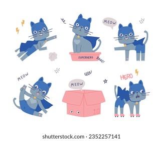 Superhero Grey Cat Wearing Blue Mask and Cape Having Super Power Vector Illustration Set