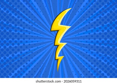 Superhero halftoned background with lightning. Blue comic design with yellow flash. Vector illustration backdrop