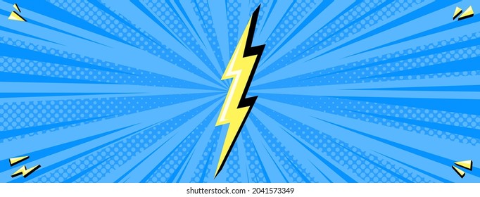 Superhero halftoned background with lightning. Blue comic design with yellow flash. Vector illustration backdrop