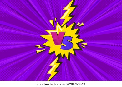 Superhero halftoned background with lightning. Purple versus comic design with yellow flash. Vector illustration backdrop