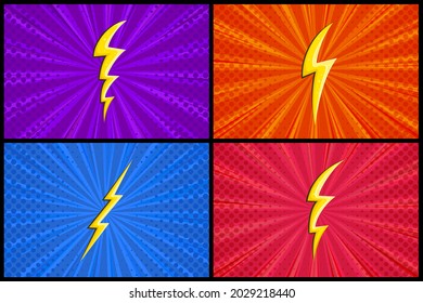 Superhero halftoned background with lightning. Set of colored comic designs with yellow flash. Vector illustration backdrop
