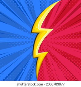Superhero halftoned background with lightning. Square comic design with yellow flash. Vector illustration backdrop