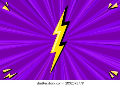 Superhero halftoned poster with lightning. Purple comic design with yellow flash. Vector illustration backdrop
