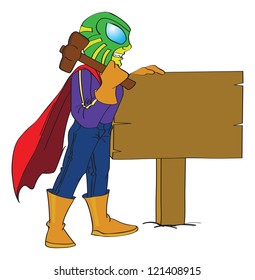 Superhero Hammering a Sign Post to the Ground, vector illustration