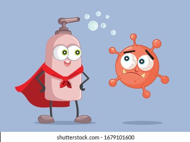 Superhero Hand Soap Fighting Evil Virus Vector Illustration. Antibacterial cosmetic product fighting dangerous disease

