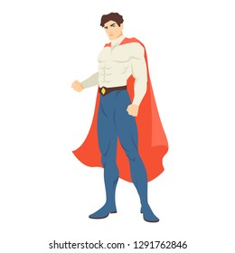 Superhero. Handsome man with muscular body wearing bodysuit and cape standing in powerful posture. Brave and strong hero with super power. Vector illustration in flat cartoon style
