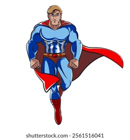 Superhero handsome and powerful with cape floating flying, work of hand drawn