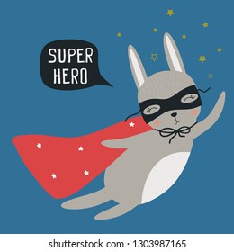 Superhero hare. Vector illustration for printing on a postcard, clothes, poster, banner. Cute baby background with funny animal.