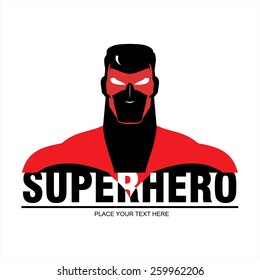 Superhero head. man with the mask and red costume. elegant superhero silhouette compose with text. half body of superhero combine with text. Text placed on the separated layer. 