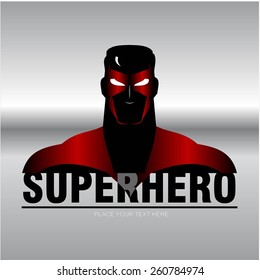 Superhero head with the red metallic mask and silver background. man with the mask and red costume compose with text. half body of superhero combine with text. Text placed on the separated layer.