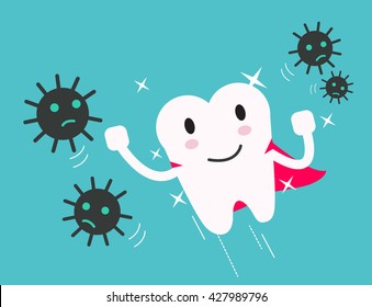 superhero healthy tooth attack bacteria and germ. flat design illustration. vector