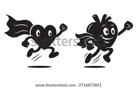  Superhero Heart Character Silhouette Vector Set, Running Love Mascot Icons.