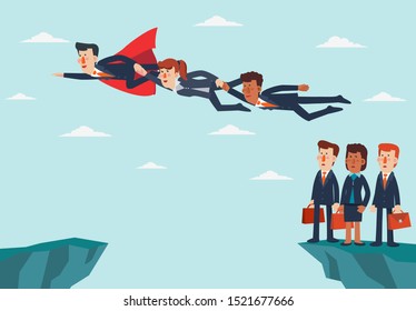 Superhero helps business people jump over the cliff