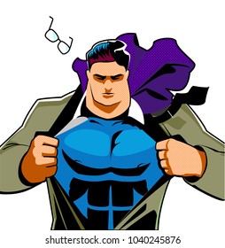 Superhero hero male businessman pop art retro vector illustration