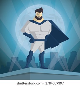 Superhero. Hero on the background of the night city.
