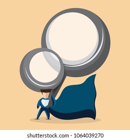 Superhero hold two big magnifiers vector illustration