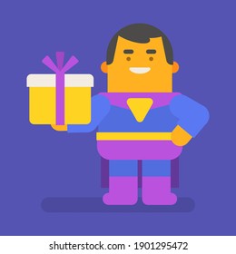 Superhéroe sosteniendo caja de regalo y sonriendo. Carácter vector. Ilustración del vector