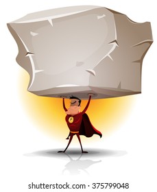 Superhero Holding Heavy Big Boulder/
Illustration of a comic red superhero raising an impressive big heavy rock with his awesome superpower