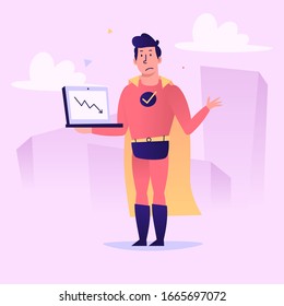 Superhero holding laptop on screen down arrow sign. Vector character. Vector Illustration