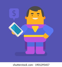 Superhero holding mobile phone and smiling. Vector character. Vector illustration