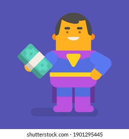 Superhero holding money and smiling. Vector character. Vector illustration