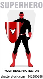 superhero. superhero holding a shield, standing superhero with the shield. masked superhero, the real protector. man with the mask. full body of superhero combine with shield and text.