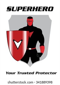 superhero. superhero holding a shield, standing superhero with the shield. masked superhero, the real protector. man with the mask. half body of superhero combine with shield and text