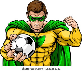 Superhero holding a soccer football ball sports mascot