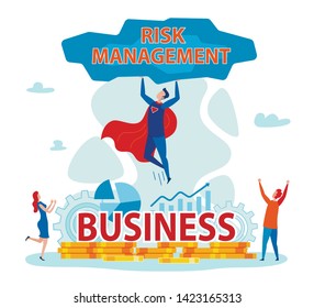Superhero Holding Stone with Risk Management Flat Cartoon Banner Vector Illustration. Saving Business from Problems. Coins, Gears, Charts and Graphs on Background. People Happy because of Rescuing.