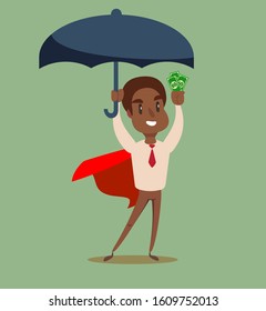 Superhero holding umbrella to protect money. Vector illustration for financial, insurance savings concept