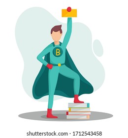 Superhero holds a book in his hand. World Book Day or book week concept. Flat vector illustration.