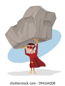 Superhero holds rock. Vector flat cartoon illustration