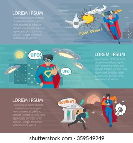 Superhero horizontal banners set with UFO symbols flat isolated vector illustration 