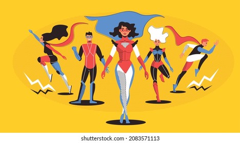 Superhero horizontal illustration with young running people dressed in colorful superhero costumes on yellow background flat vector illustration