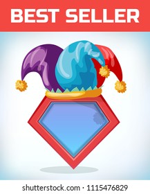 Superhero icon - Superhero logo. Super hero shield with jester cap. Fool hat. April Fool Day. Masquerade costume headdress. Carnival or Halloween mask. Cartoon Vector illustration.