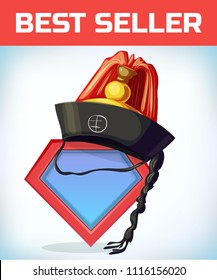 Superhero icon - Superhero logo. Super hero shield with korean hat. Masquerade costume headdress. Carnival or Halloween mask. Cartoon Vector illustration.