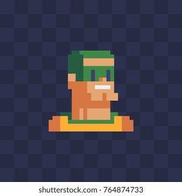 Superhero icon. Pixel art flat style. 8-bit. Video game character. Isolated vector illustration.